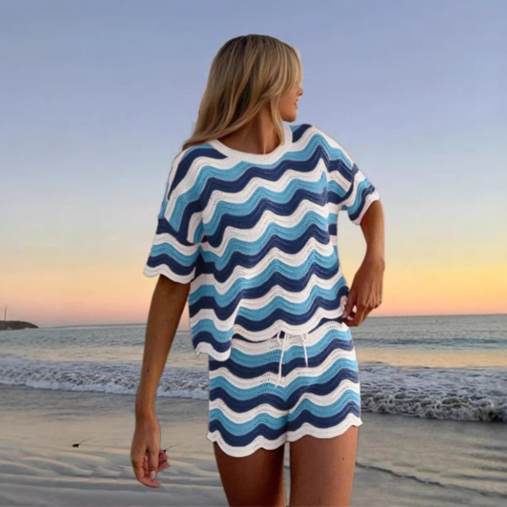 Fashion Ripple Striped Hollow  - Summer Short Set avaliação e preço