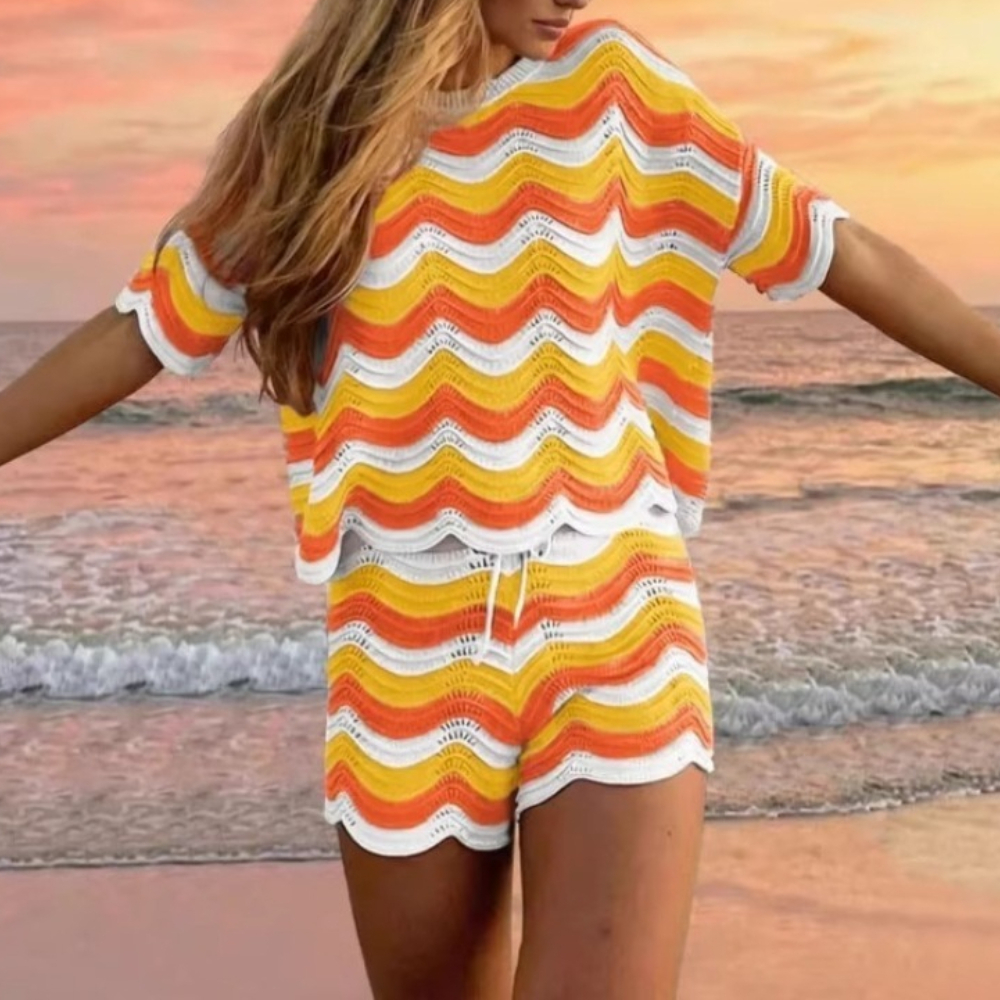 Fashion Ripple Striped Hollow  - Summer Short Set avaliação e preço
