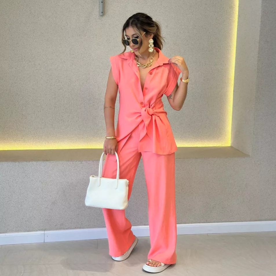 Women Tie Waist Short Sleeve T - Summer Short Set avaliação e preço